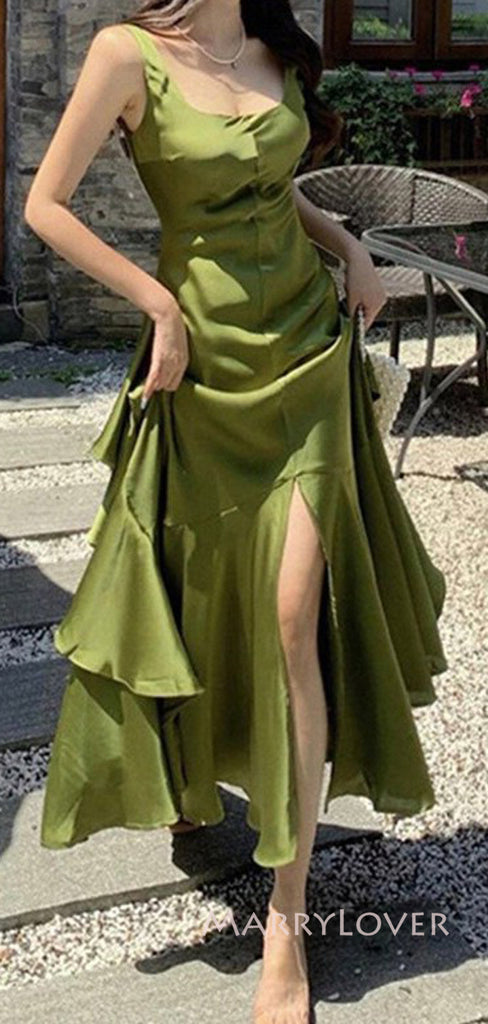 Gorgeous Green Satin Mermaid Long Evening Prom Dresses, Side Slit Prom Dress, MR9036