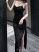 Sparkly Black Spaghetti Straps Long Evening Prom Dresses, Mermaid Side Slit Prom Dress, MR9038