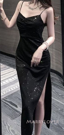 Sparkly Black Spaghetti Straps Long Evening Prom Dresses, Mermaid Side Slit Prom Dress, MR9038