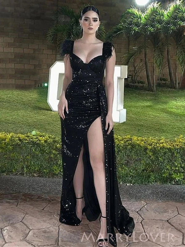 Mermaid Sweetheart Black Sequins Side Slit Long Evening Prom Dresses, MR9039