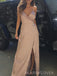 Rose Gold Satin Side Slit Long Evening Prom Dresses, Simple Spaghetti Straps Prom Dress, MR9042