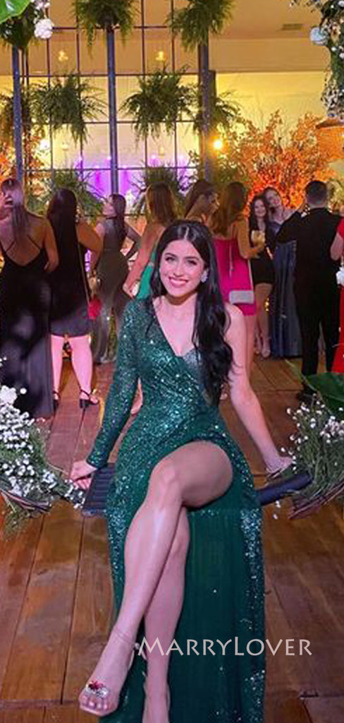 Dark Green Sequins High Slit Long Evening Prom Dresses, Long Sleeves Sparkly Prom Dress, MR9044