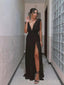 Deep V-neck Black Chiffon Long Evening Prom Dresses, A-line High Slit Prom Dress, MR9047