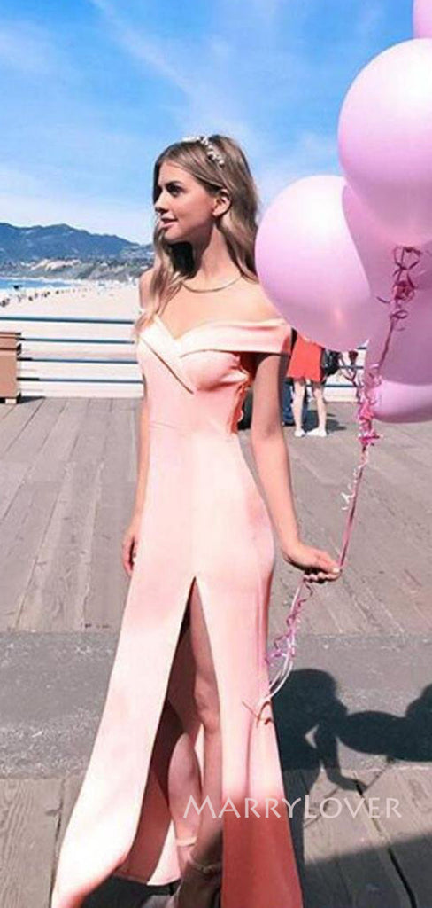 Pink Satin Mermiad Side Slit Long Evening Prom Dresses, Off Shoulder Prom Dress, MR9049