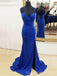 Mermiad Side Slit Royal Blue Long Evening Prom Dresses, Spaghetti Straps Prom Dress, MR9051
