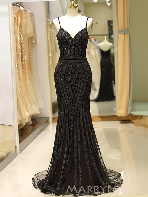 Sparkly Black Mermaid Spaghetti Straps Long Evening Prom Dresses, V-neck Prom Dress, MR9052