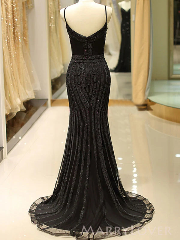 Sparkly Black Mermaid Spaghetti Straps Long Evening Prom Dresses, V-neck Prom Dress, MR9052