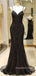 Sparkly Black Mermaid Spaghetti Straps Long Evening Prom Dresses, V-neck Prom Dress, MR9052