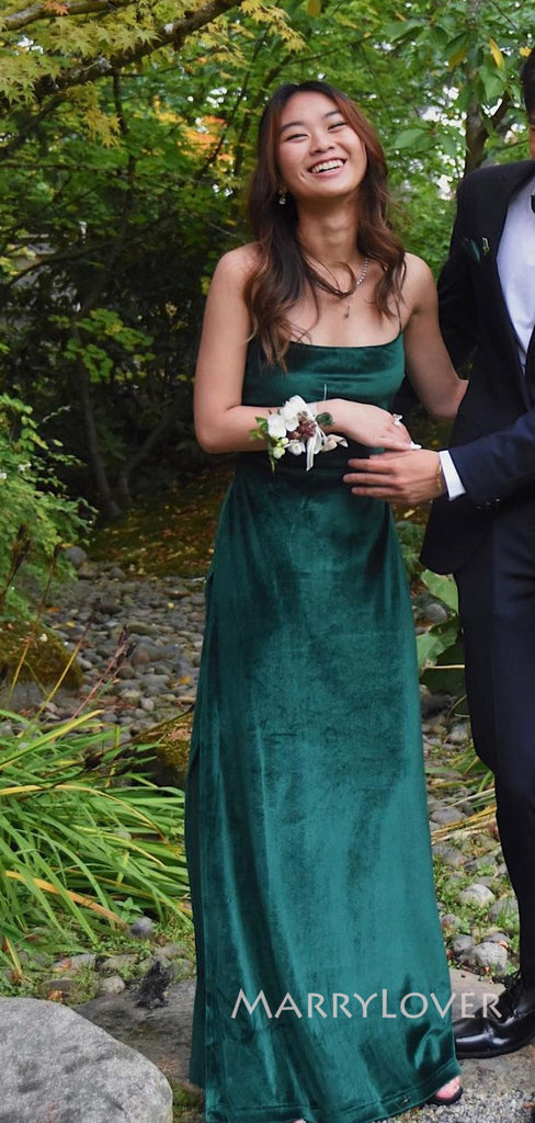 Green Velvet Mermaid Spaghetti Straps Long Evening Prom Dresses, MR9053