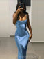 Blue Satin Spaghetti Straps Mermaid Long Evening Prom Dresses, Simple Prom Dress, MR9054