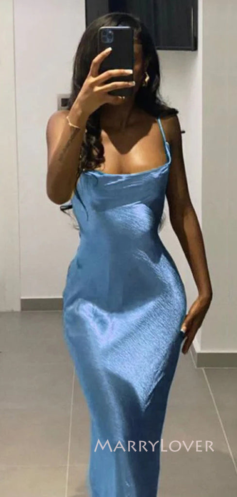 Blue Satin Spaghetti Straps Mermaid Long Evening Prom Dresses, Simple Prom Dress, MR9054