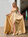 A-line Gold Satin Spaghetti Straps Long Evening Prom Dresses, V-neck Side Slit Prom Dress, MR9055