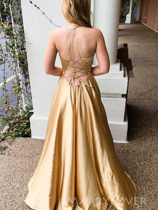 A-line Gold Satin Spaghetti Straps Long Evening Prom Dresses, V-neck Side Slit Prom Dress, MR9055