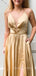 A-line Gold Satin Spaghetti Straps Long Evening Prom Dresses, V-neck Side Slit Prom Dress, MR9055