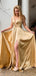 A-line Gold Satin Spaghetti Straps Long Evening Prom Dresses, V-neck Side Slit Prom Dress, MR9055
