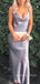 Cowl-neck Silver Grey Satin Mermaid Long Evening Prom Dresses, Spaghetti Straps Prom Dress, MR9056