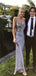 Popular Grey Satin Mermaid Spaghetti Straps Long Evening Prom Dresses, Cowl-neck Prom Dress, MR9058