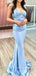 V-neck Blue Satin Mermaid Spaghetti Straps Long Evening Prom Dresses, MR9059