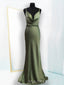 Sage Green Satin Cowl-neck Mermaid Spaghetti Straps Long Evening Prom Dresses, MR9061