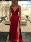 Sexy Spaghetti Straps V-neck Satin Long Evening Prom Dresses, A-line Prom Dress, MR9062