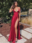 V-neck A-line Satin Spaghetti Straps Long Evening Prom Dresses, High Slit Prom Dress, MR9063