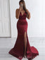 Spaghetti Straps Burgundy Satin Mermaid Long Evening Prom Dresses, Deep V-neck Prom Dress, MR9068