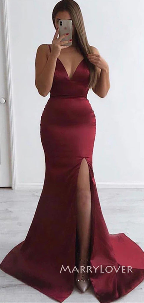 Spaghetti Straps Burgundy Satin Mermaid Long Evening Prom Dresses, Deep V-neck Prom Dress, MR9068