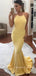 Simple Yellow Mermaid Halter Long Evening Prom Dresses, Backless Prom Dress, MR9069