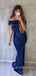 Off Shoulder Blue Satin Mermaid Side Slit Long Evening Prom Dresses, MR9071