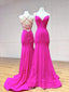 Backless Fuchsia Mermaid Spaghetti Straps Long Evening Prom Dresses, V-neck Prom Dress, MR9072