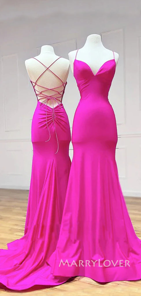 Backless Fuchsia Mermaid Spaghetti Straps Long Evening Prom Dresses, V-neck Prom Dress, MR9072