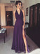 A-line Purple Halter Side Slit Long Evening Prom Dresses, MR9073