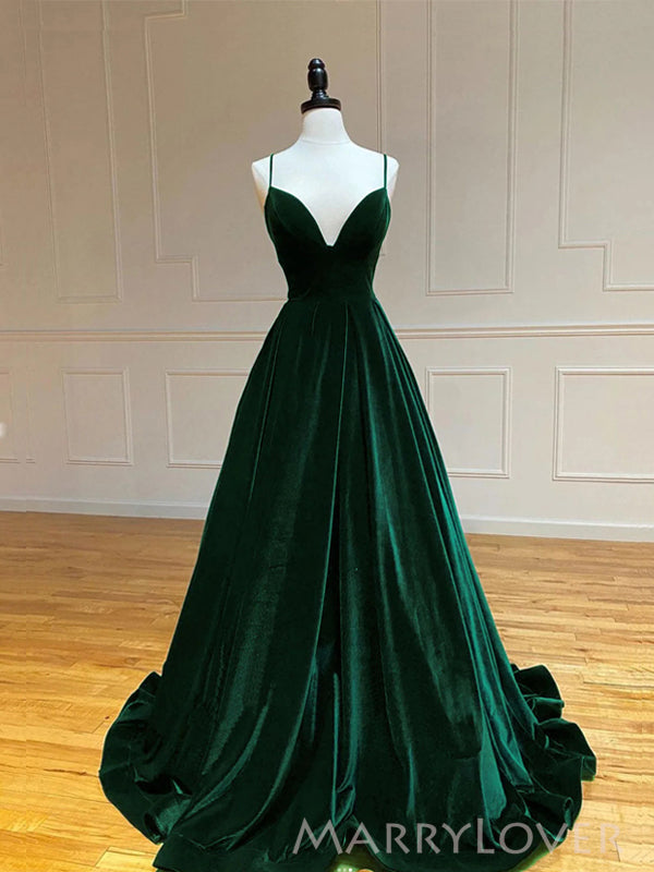 Formal A-line Dark Green Velvet V-neck Long Evening Prom Dresses, Spaghetti Straps Prom Dress, MR9076