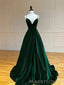 Formal A-line Dark Green Velvet V-neck Long Evening Prom Dresses, Spaghetti Straps Prom Dress, MR9076