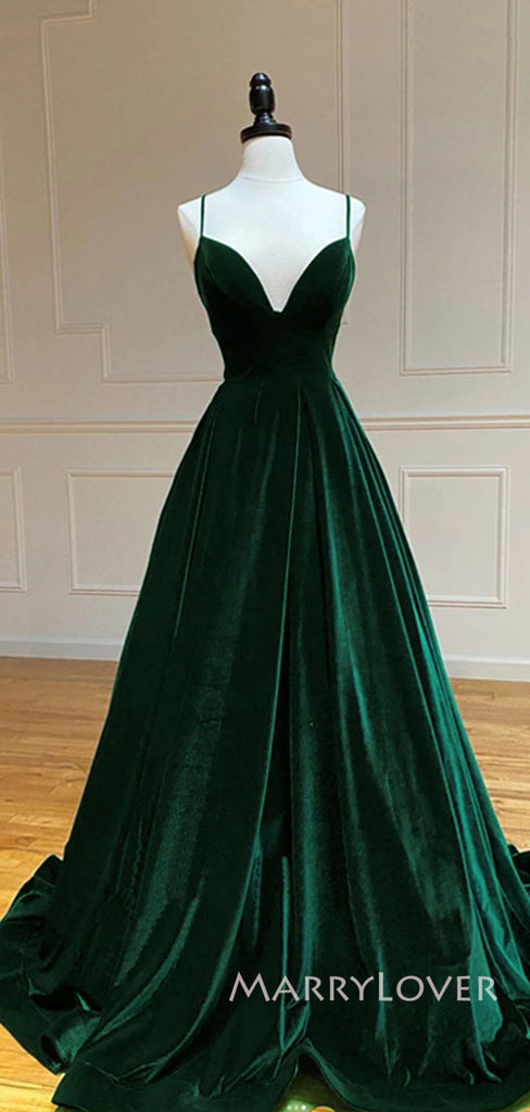Formal A-line Dark Green Velvet V-neck Long Evening Prom Dresses, Spaghetti Straps Prom Dress, MR9076