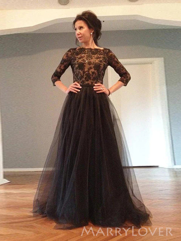 V-back Black Tulle Appliques A-line Long Evening Prom Dresses, Long Sleeves Prom Dress, MR9077