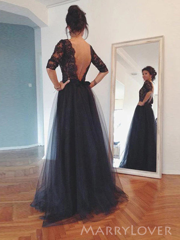 V-back Black Tulle Appliques A-line Long Evening Prom Dresses, Long Sleeves Prom Dress, MR9077