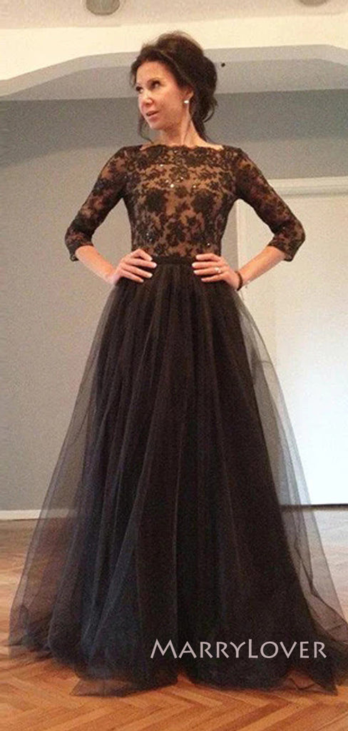 V-back Black Tulle Appliques A-line Long Evening Prom Dresses, Long Sleeves Prom Dress, MR9077