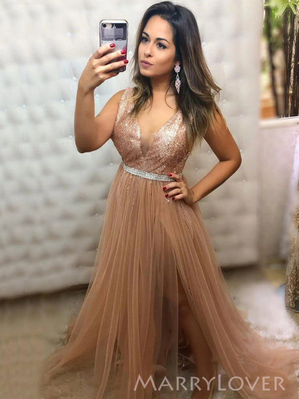 Sparkly Rose Gold Tulle Sequins A-line Long Evening Prom Dresses, V-neck Prom Dress, MR90778