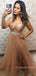 Sparkly Rose Gold Tulle Sequins A-line Long Evening Prom Dresses, V-neck Prom Dress, MR90778