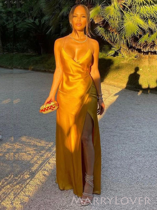 Simple Gold Satin Spaghetti Straps Long Evening Prom Dresses, High Slit Prom Dress, MR9080