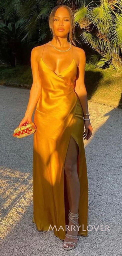 Simple Gold Satin Spaghetti Straps Long Evening Prom Dresses, High Slit Prom Dress, MR9080