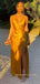 Simple Gold Satin Spaghetti Straps Long Evening Prom Dresses, High Slit Prom Dress, MR9080