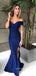 Navy Blue Satin Mermaid Long Evening Prom Dresses, Off Shoulder Side Slit Prom Dress, MR9081