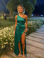 Simple Emerald Green Satin Mermaid Side Slit Long Evening Prom Dresses, One Shoulder Prom Dress, MR9082