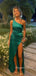 Simple Emerald Green Satin Mermaid Side Slit Long Evening Prom Dresses, One Shoulder Prom Dress, MR9082
