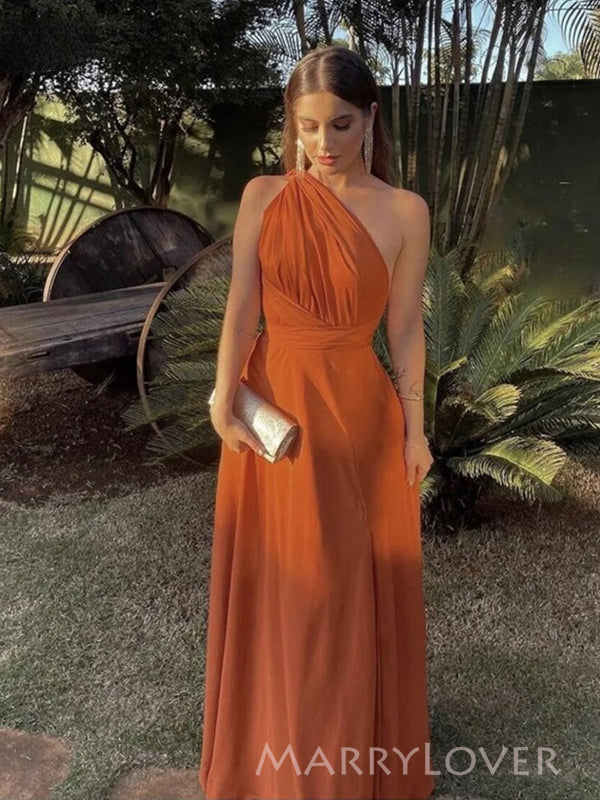 Popular Burnt Orange A-line One Shoulder Long Evening Prom Dresses, MR9083