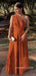 Popular Burnt Orange A-line One Shoulder Long Evening Prom Dresses, MR9083