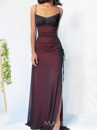 Black Red Spaghetti Straps Mermaid Side Slit Long Evening Prom Dresses, Chiffon Prom Dress, MR9084
