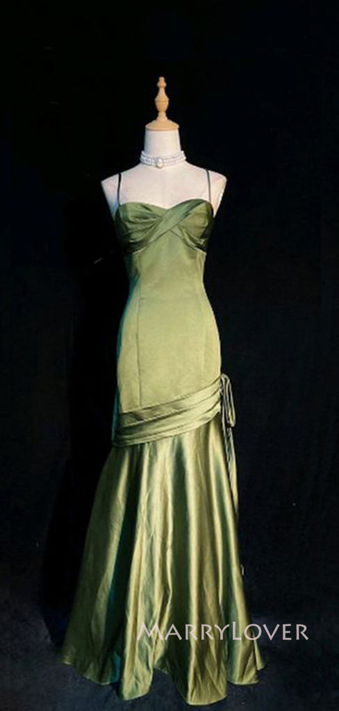 Gordeous Mermaid Spaghetti Straps Long Evening Prom Dresses, Green Satin Prom Dress, MR9086